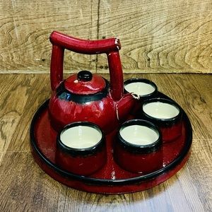 Pier 1 Earthenware Chinese Shanghai Tea Set Lidded Teapot Tray & 4 Cups Red VTG